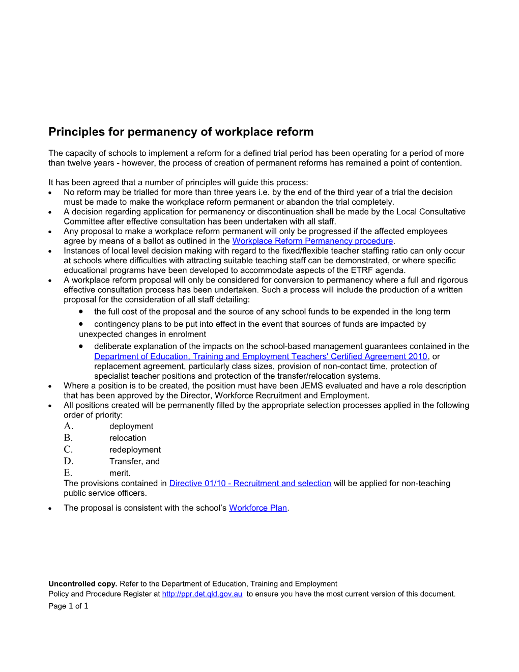 Principles for Permanency of Workplace Reform