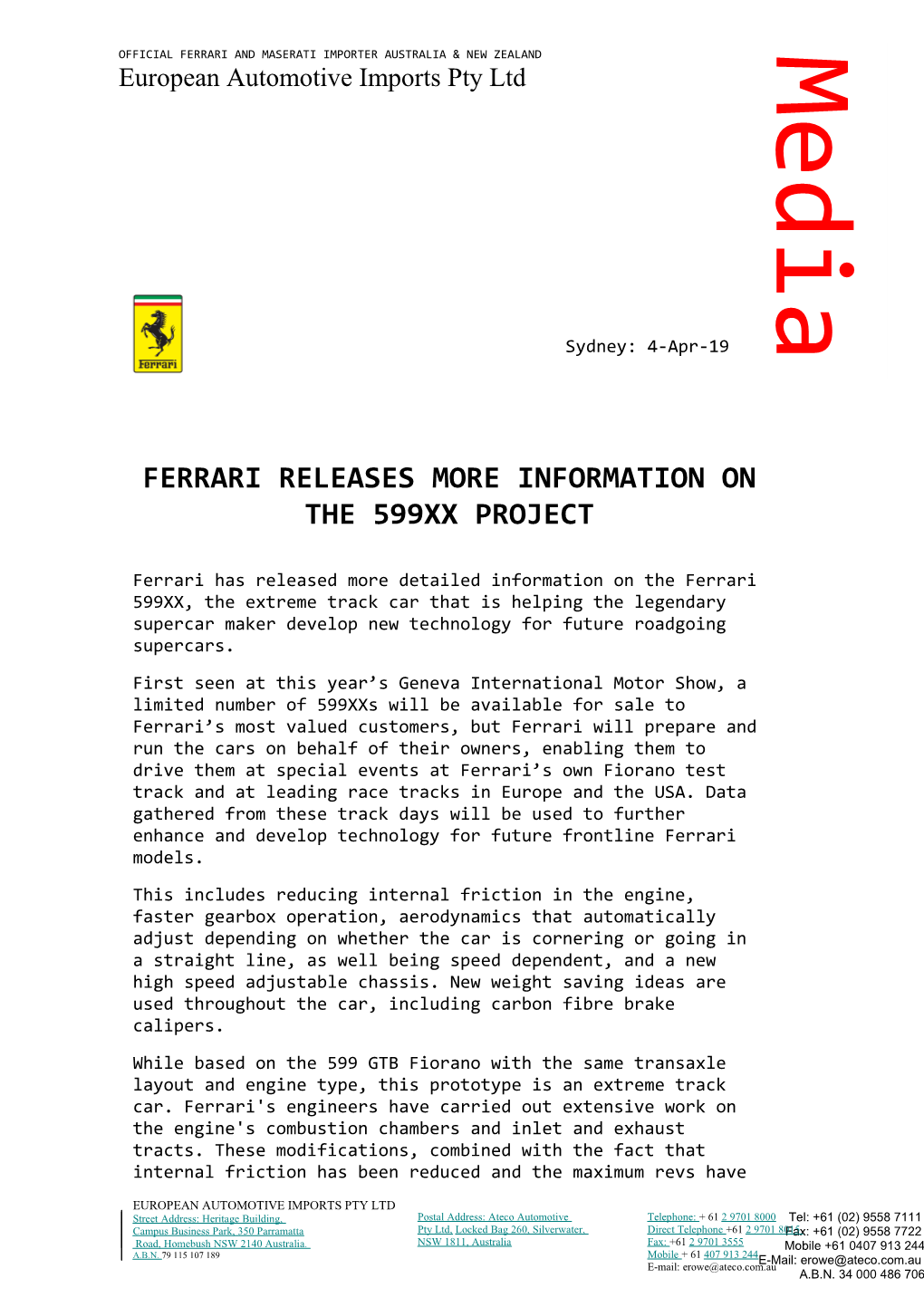 Ferrari Releases More Information on the 599Xx Project