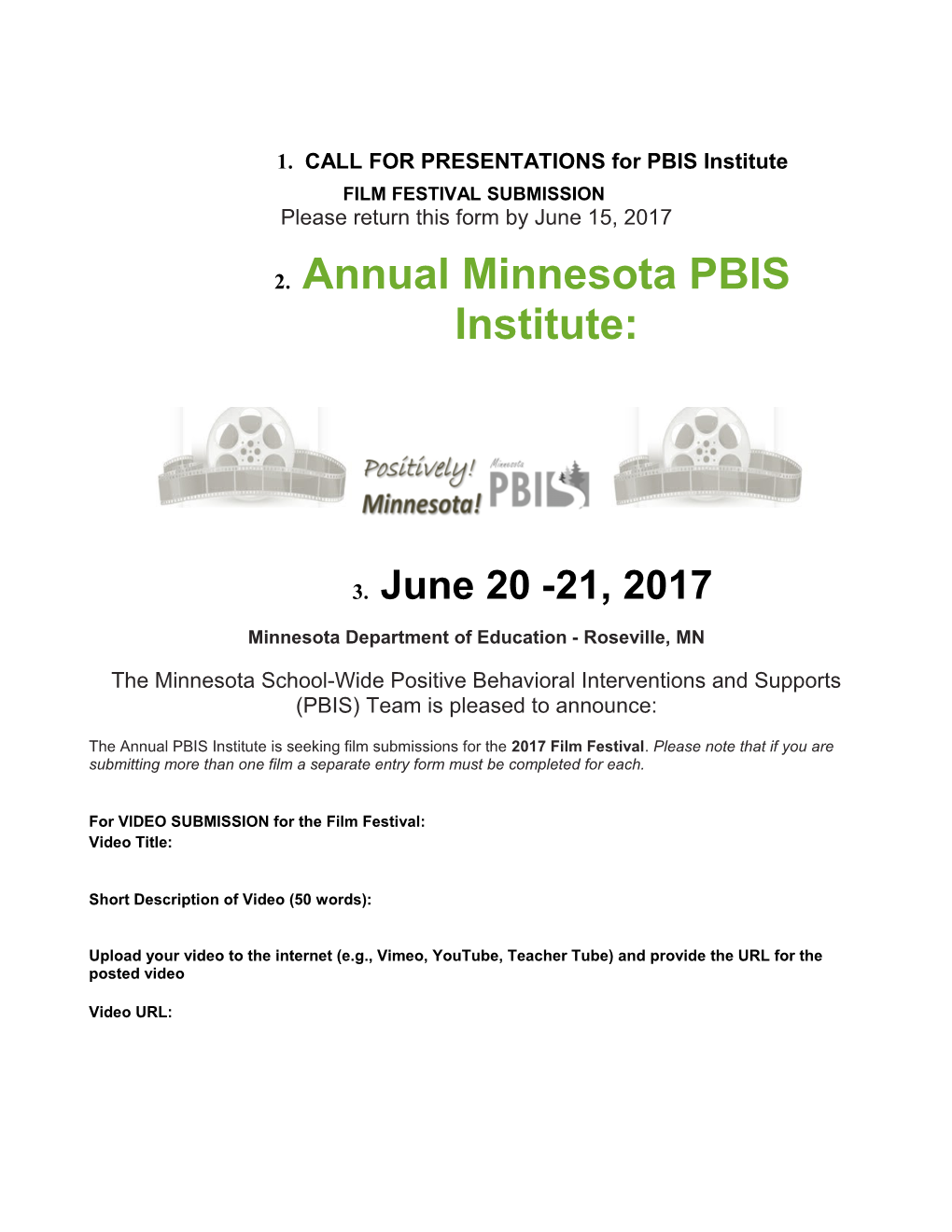 CALL for PRESENTATIONS for PBIS Institute