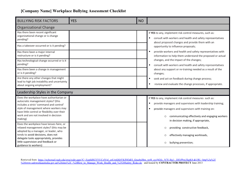 Workplace Bullying Assessment Checklist