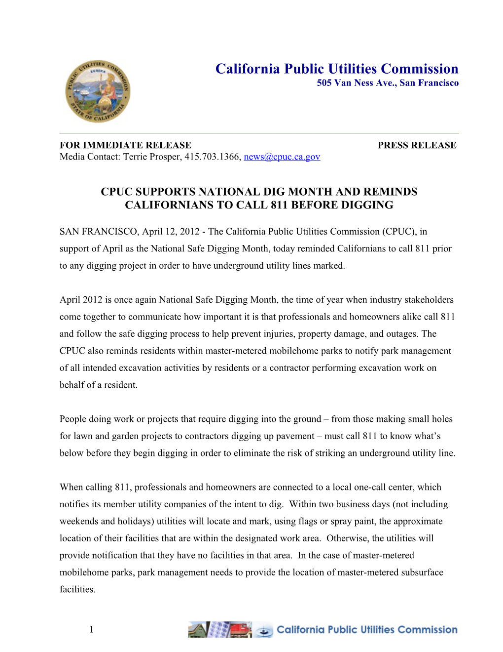 Cpuc Supports National Dig Month and Reminds Californians to Call 811 Before Digging