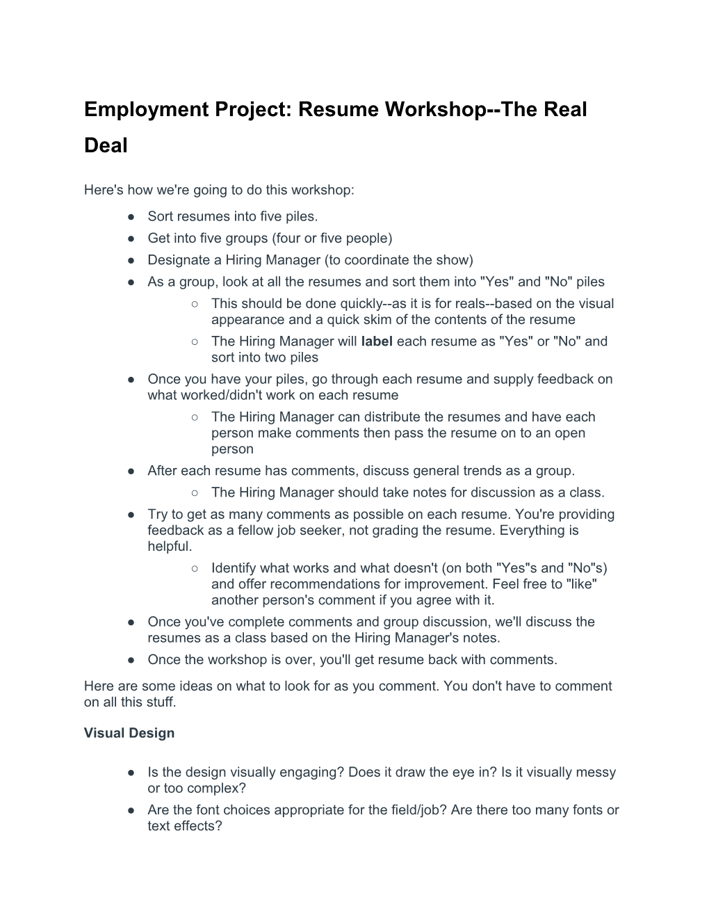 Employment Project: Resume Workshop the Real Deal