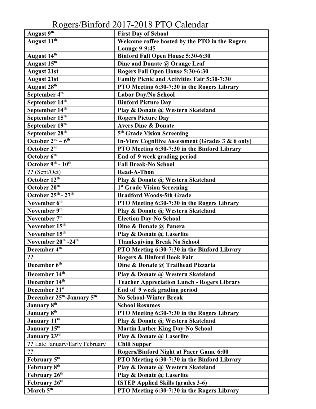 Rogers/Binford 2017-2018 PTO Calendar