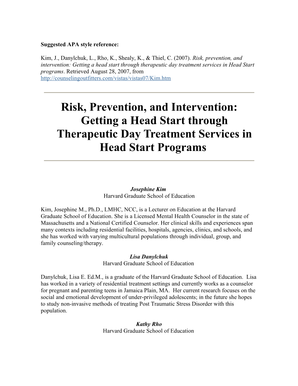 Risk, Prevention, and Intervention: Getting a Head Start Through Therapeutic Day Treatment
