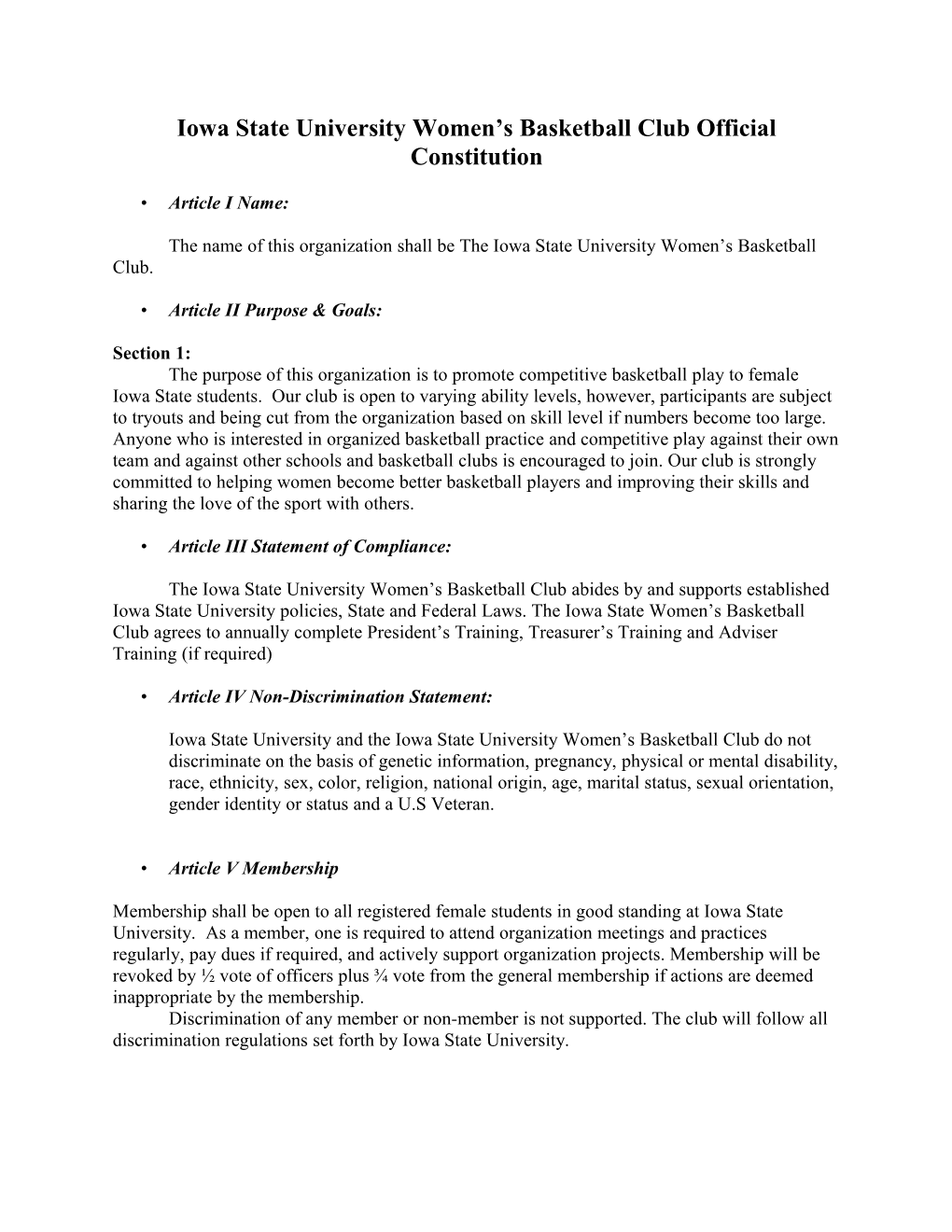 Iowa State University Women S Basketball Club Official Constitution