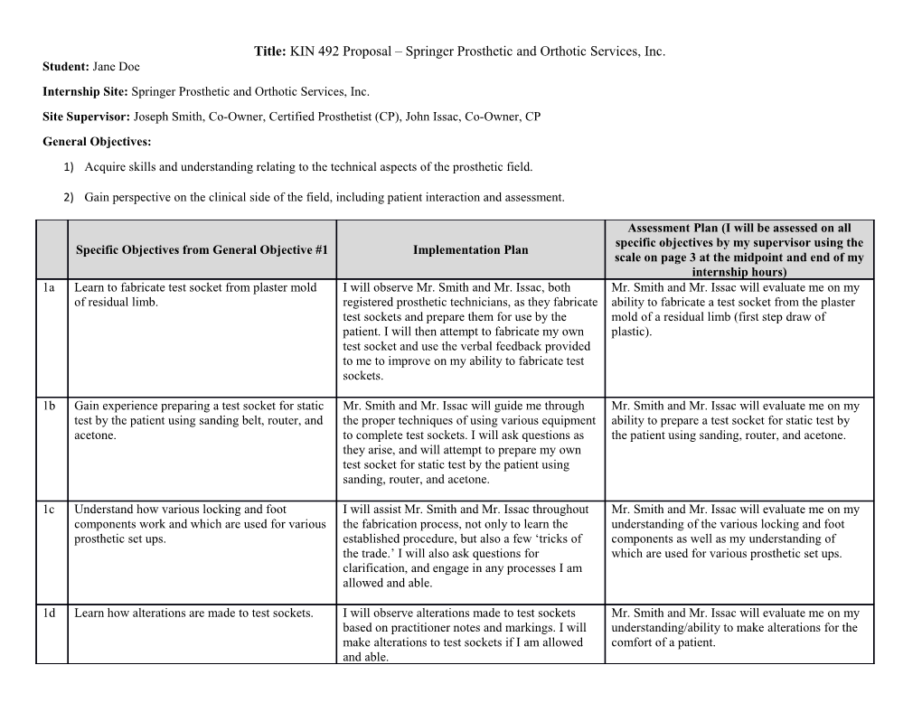 Title: KIN 492 Proposal Springer Prosthetic and Orthotic Services, Inc
