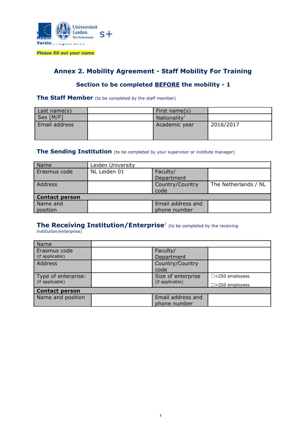 Annex 2. Mobility Agreement - Staff Mobility for Training