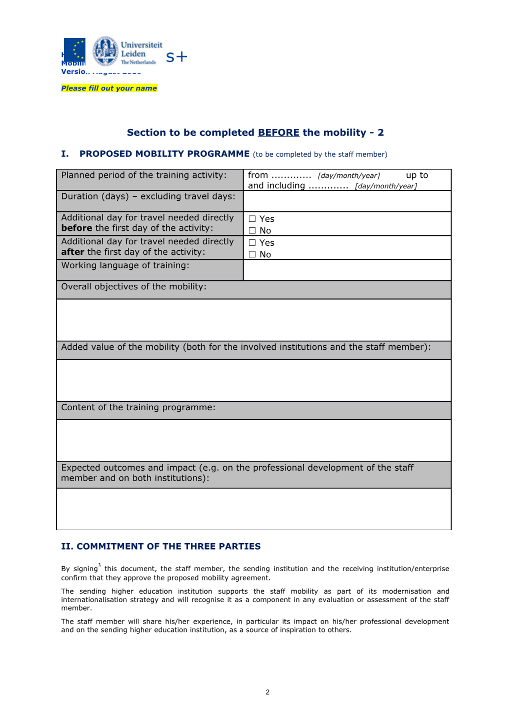 Annex 2. Mobility Agreement - Staff Mobility for Training