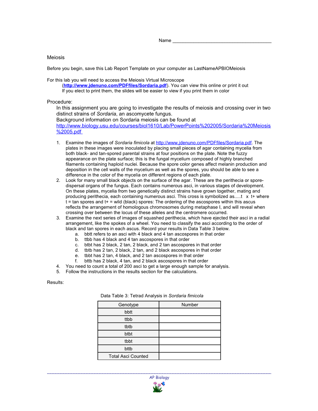 Before You Begin, Save This Lab Report Template on Your Computer As Lastnameapbiomeiosis