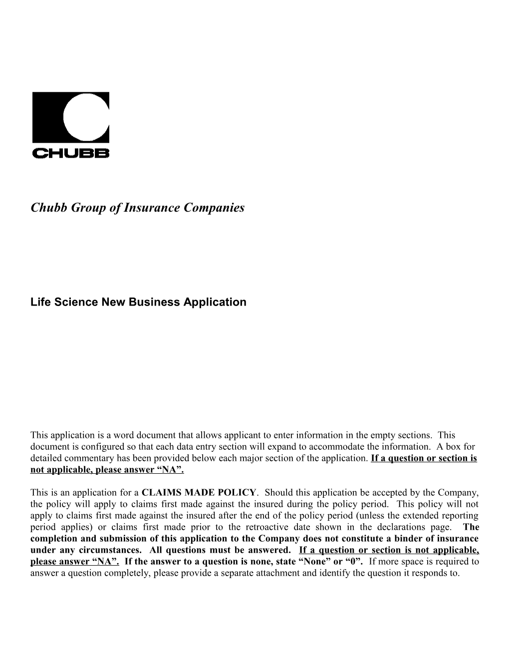 Chubb Life Science New Business Application