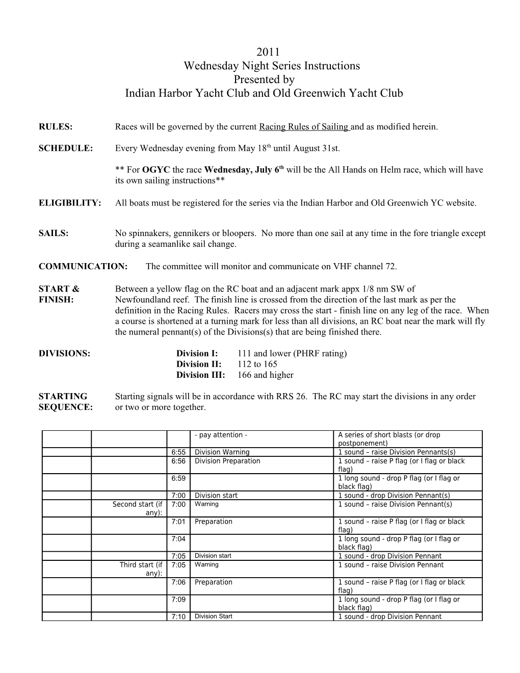 2005 Wednesday Night Series Race Instructions