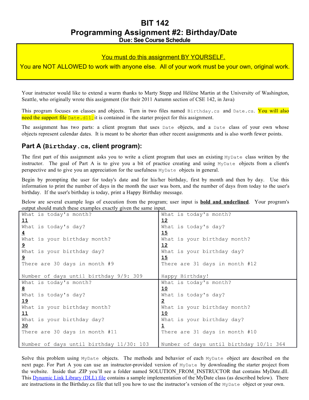 Programming Assignment #2: Birthday/Date