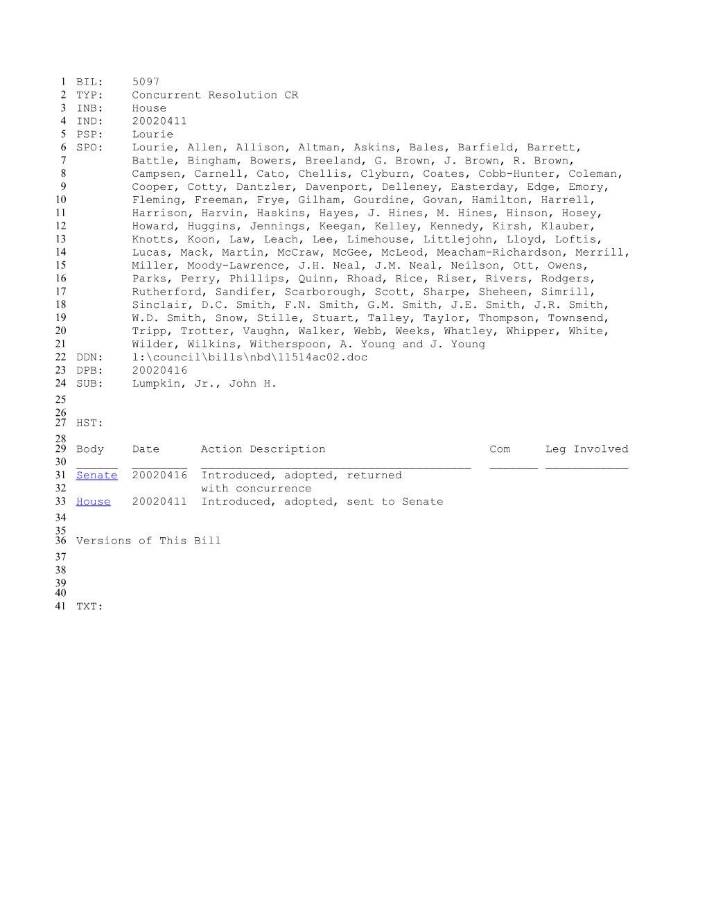 2001-2002 Bill 5097: Lumpkin, Jr., John H. - South Carolina Legislature Online