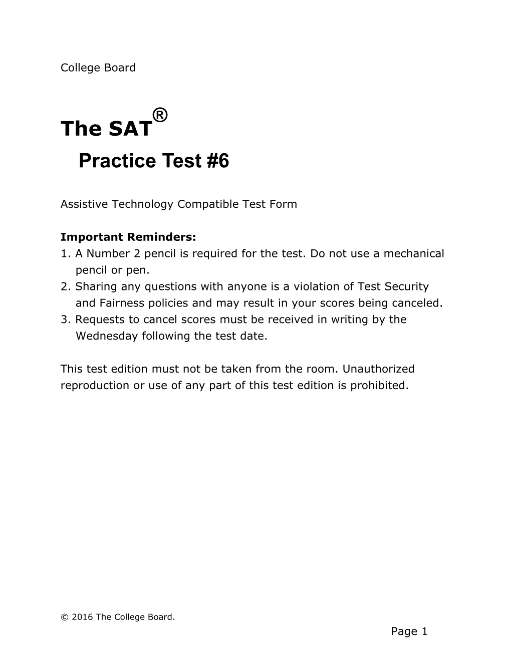 SAT Practice Test 6 Tips for Assistive Technology SAT Suite of Assessments the College Board