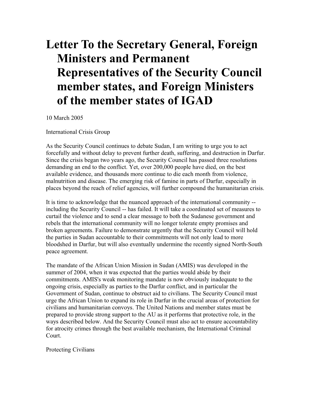 Letter to the Secretary General, Foreign Ministers and Permanent Representatives of The