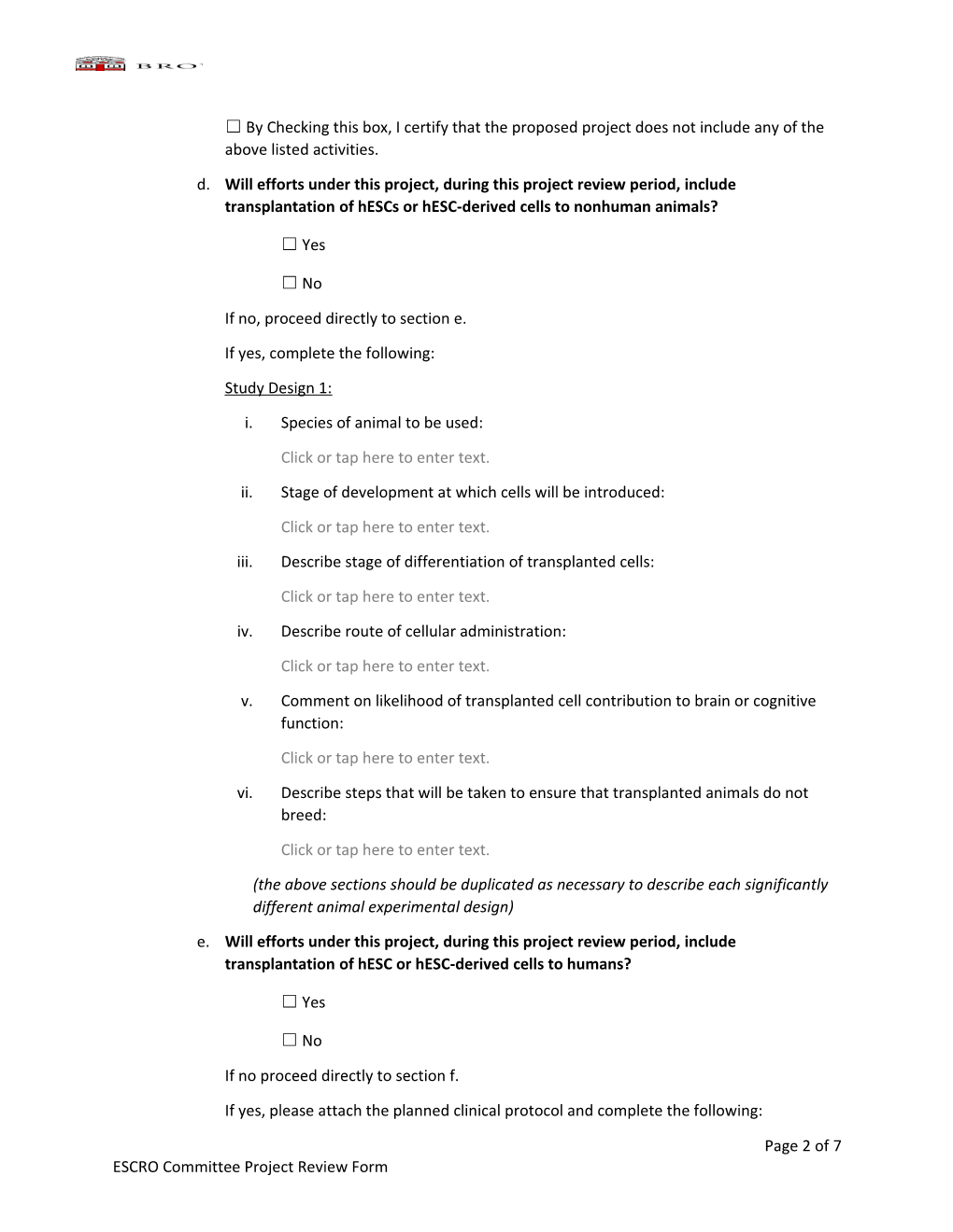 Brown University ESCRO Committee Project Review Form
