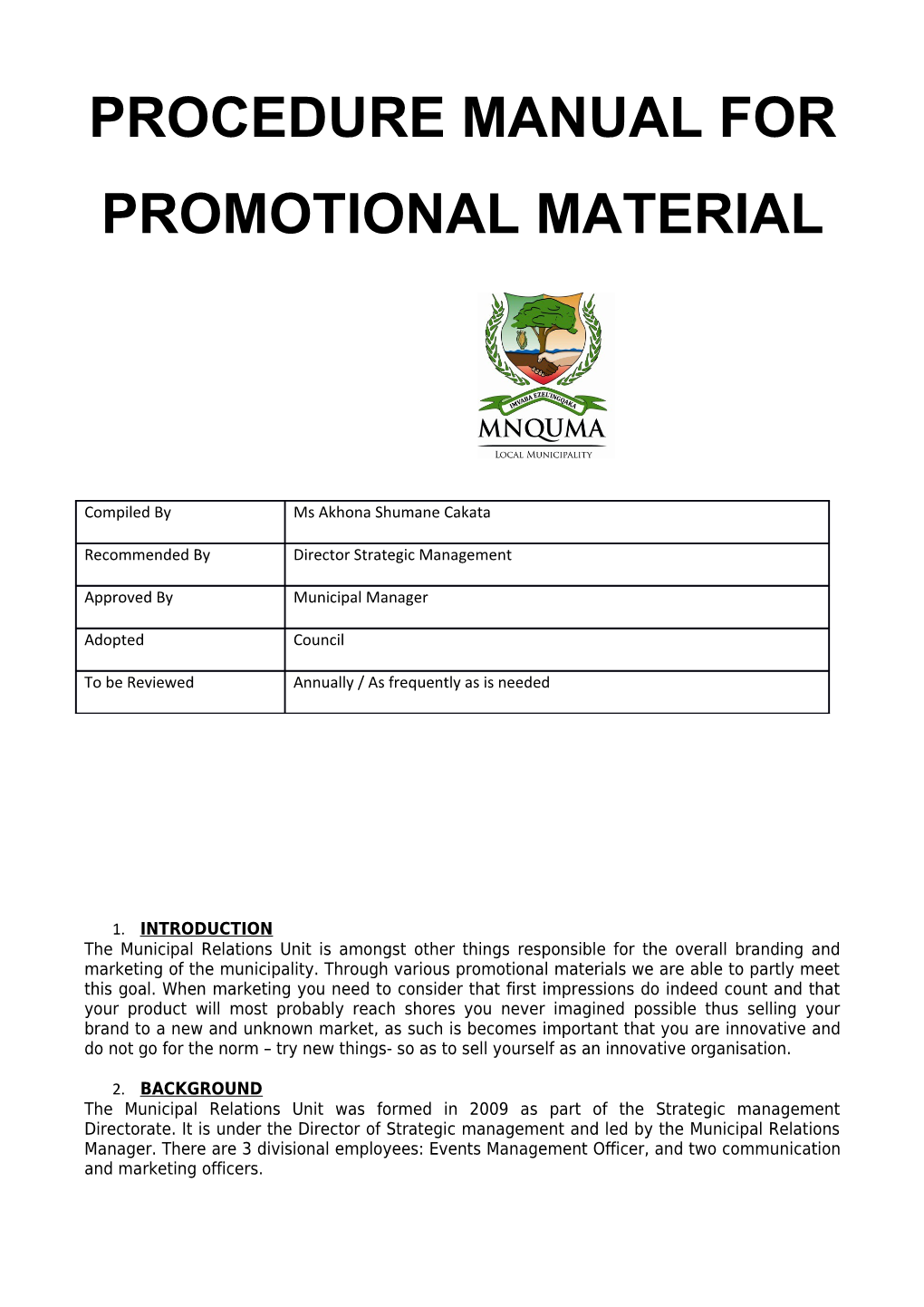 Procedure Manual for Promotional Material