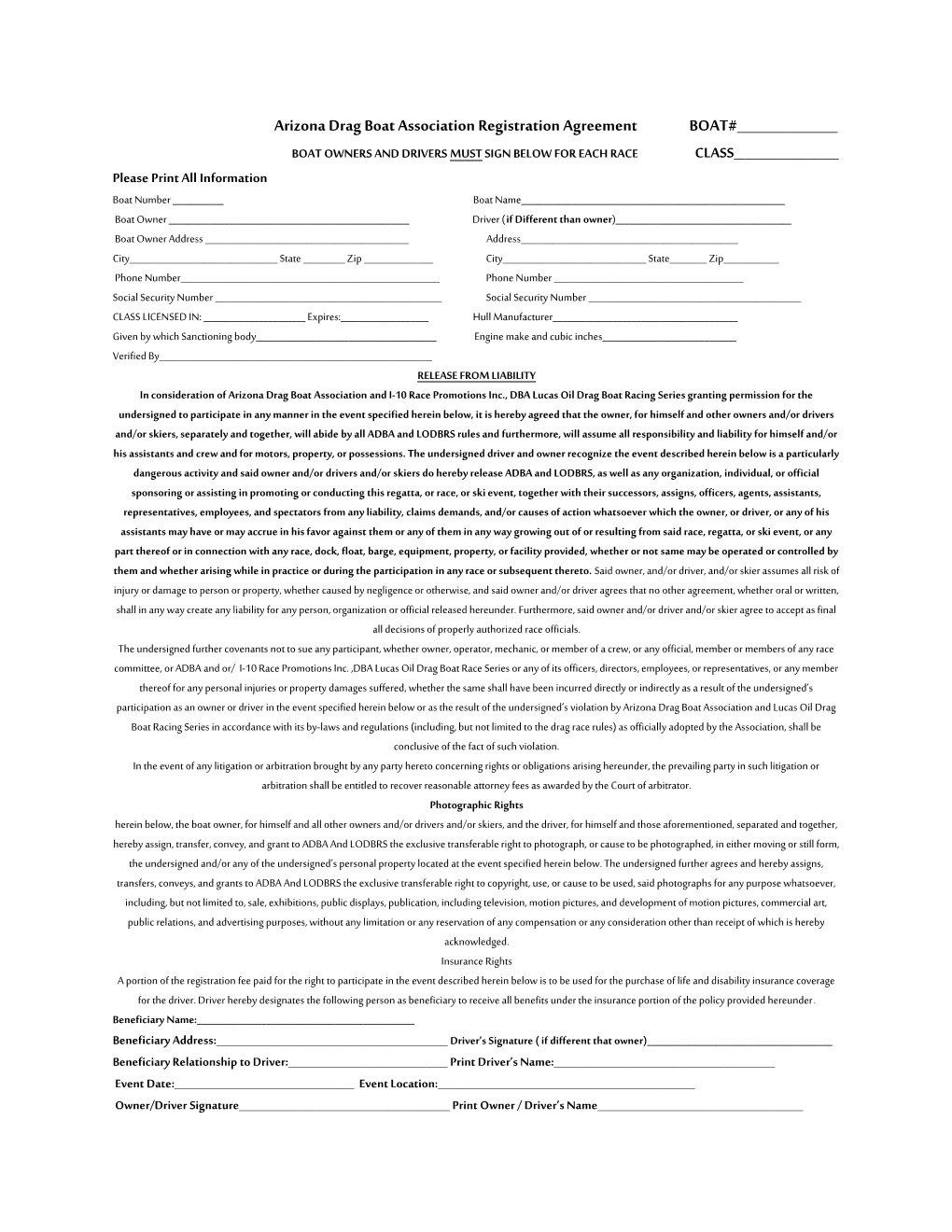 Arizona Drag Boat Association Registration Agreement BOAT#______
