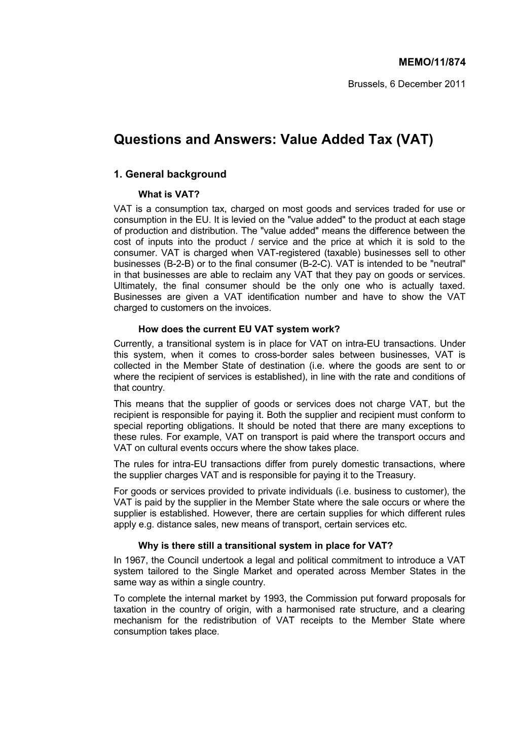 Questions and Answers: Value Added Tax (VAT)