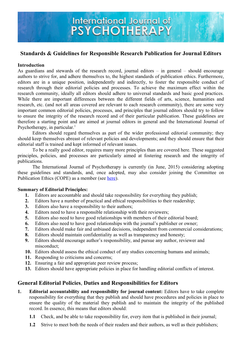 Standards & Guidelines for Responsible Research Publication for Journal Editors