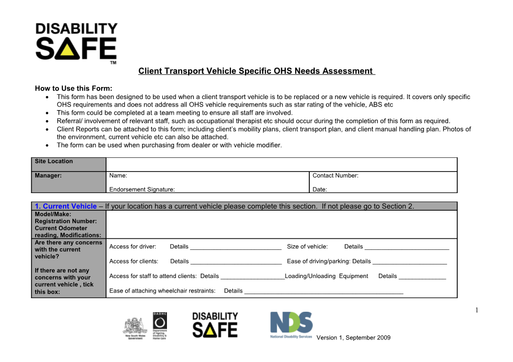 Client Transport Vehicle Specific OHS Needs Assessment