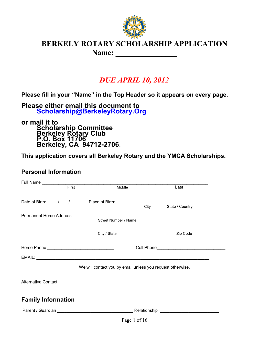 Berkely Rotary Scholarship Application
