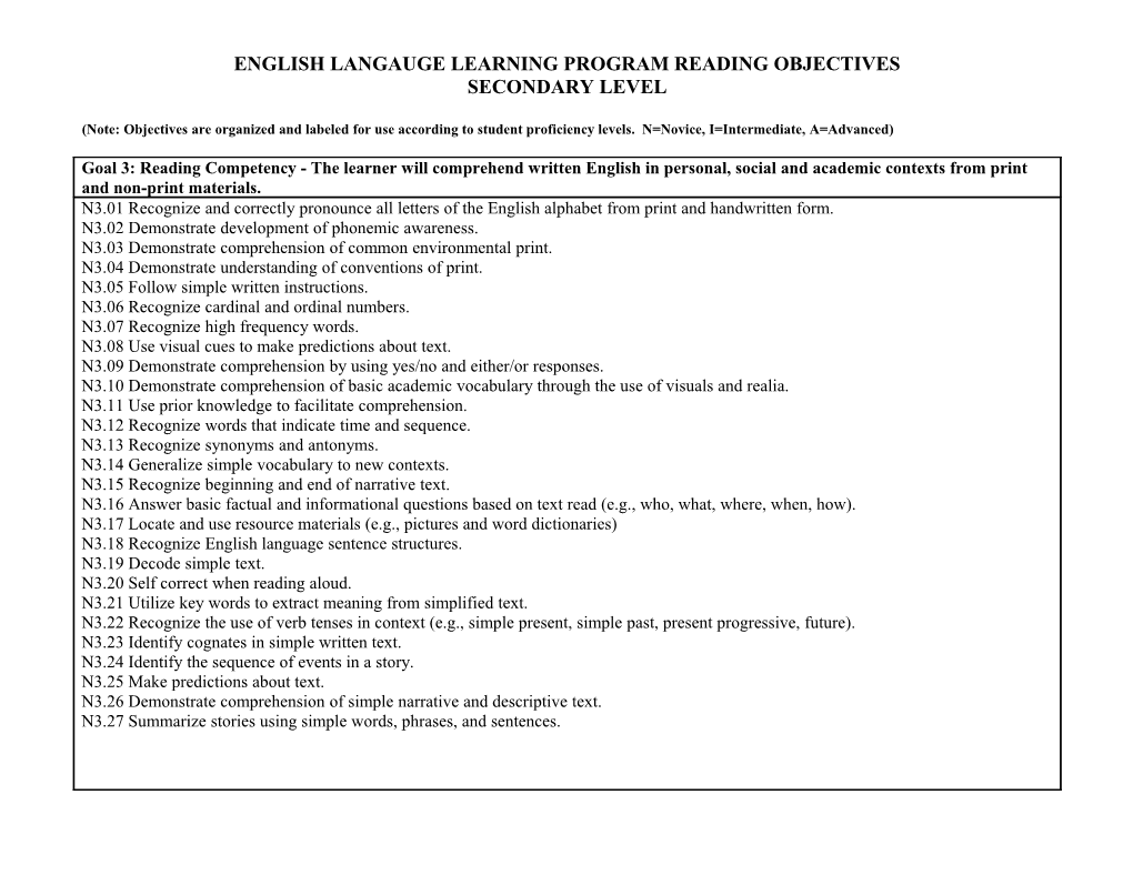 Goal 3: Reading Competency - the Learner Will Comprehend Written English in Personal, Social