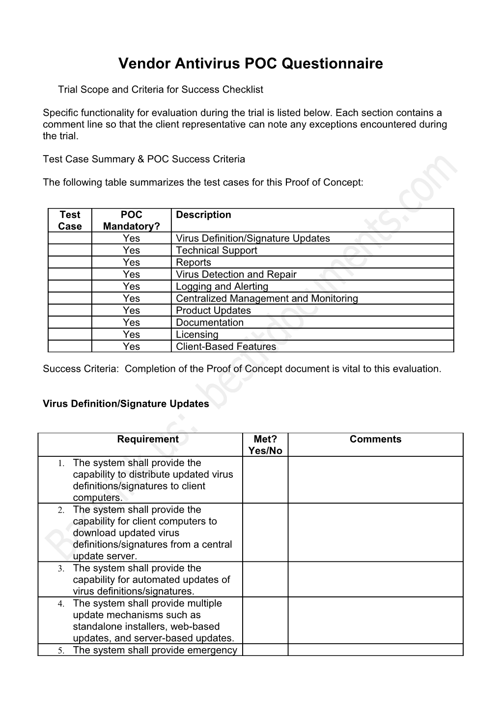 Vendor Antivirus POC Questionnaire