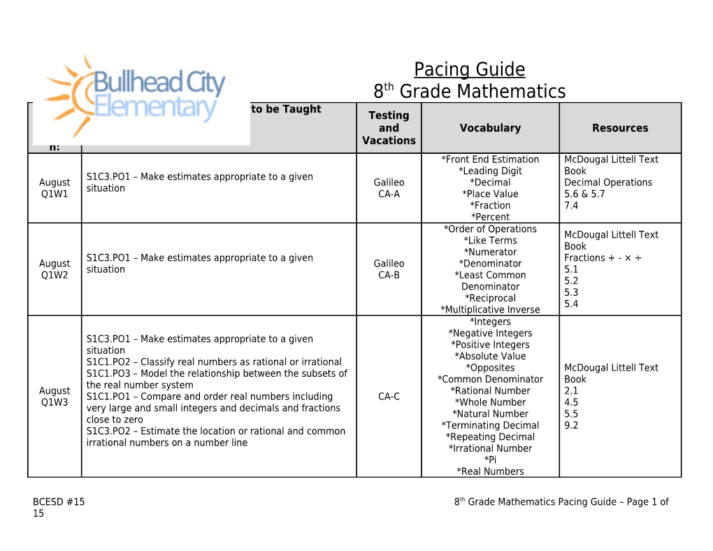 BCESD #158Th Grade Mathematics Pacing Guide Page 1 of 10