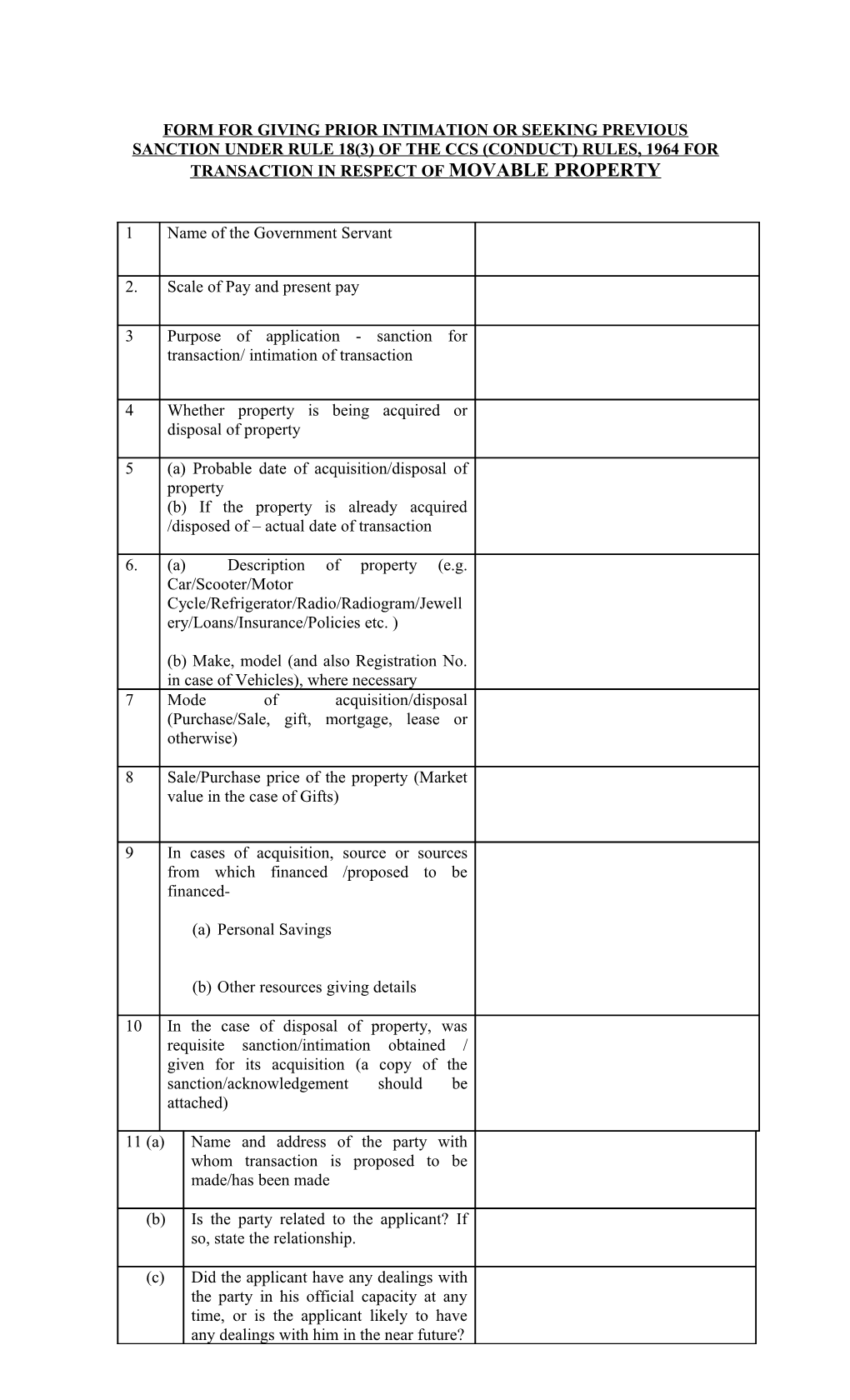 Form for Giving Prior Intimation Or Seeking Previous Sanction Under Rule 18(2) of the Ccs
