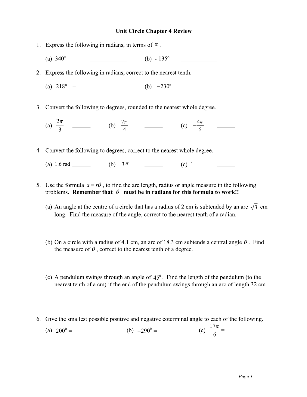 Math 30P Trigonometry 1 Review