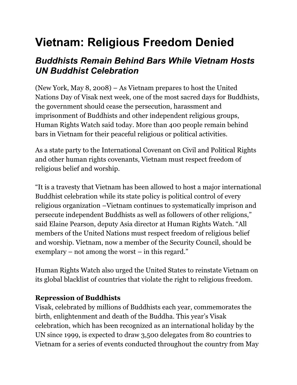Vietnam: Religious Freedom Denied