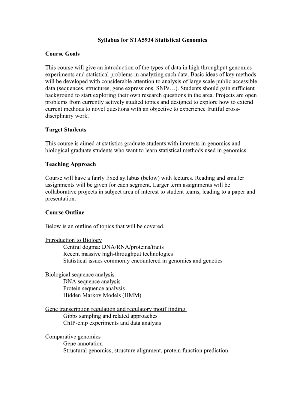 Draft Syllabus for Statistical Genomics