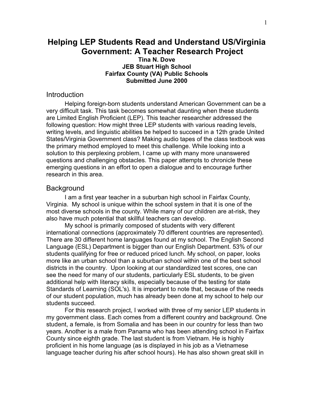 Helping LEP Students Read and Understand US/Virginia Government: a Teacher Research Project