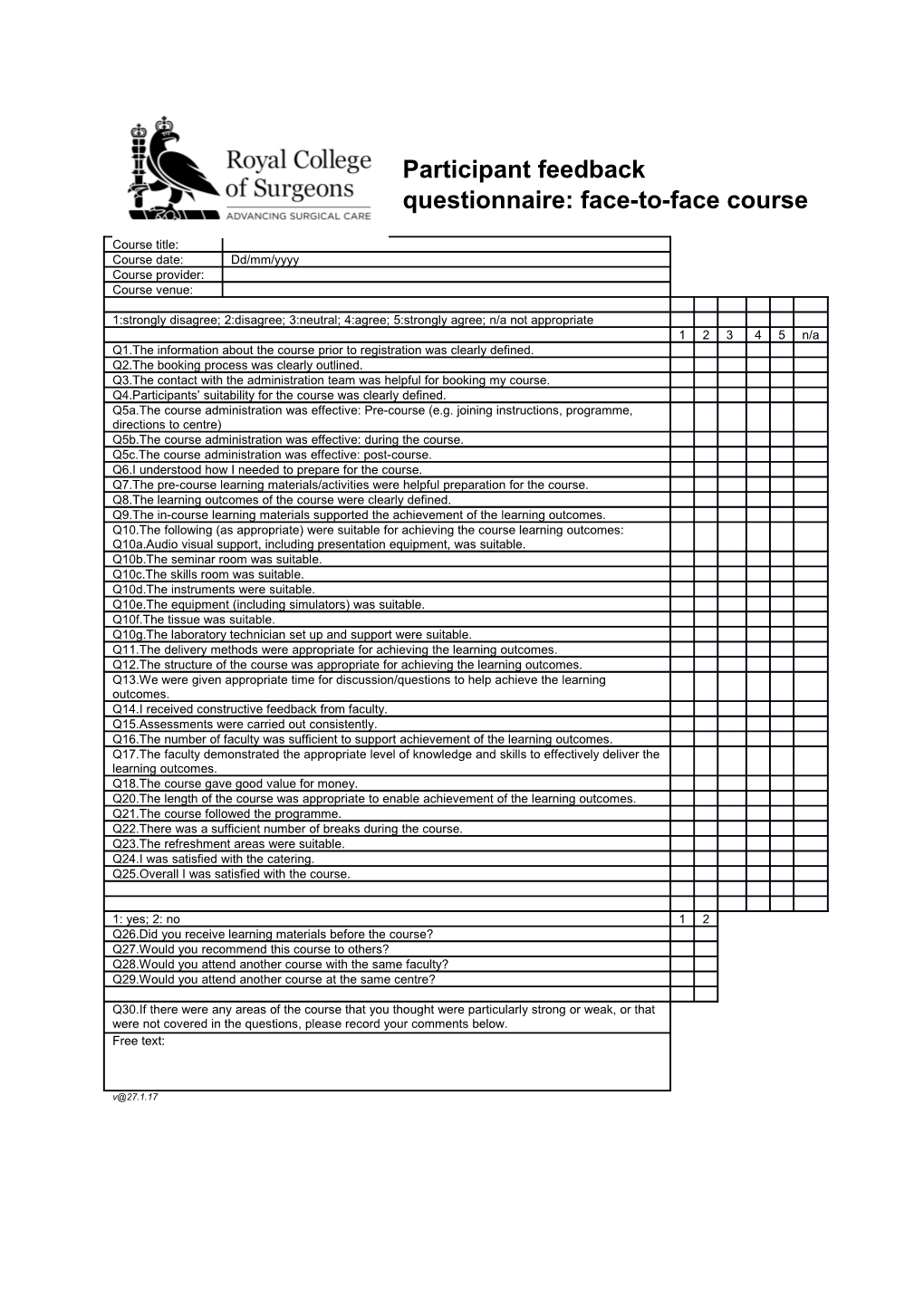 Participant Feedback Questionnaire: Face-To-Face Course