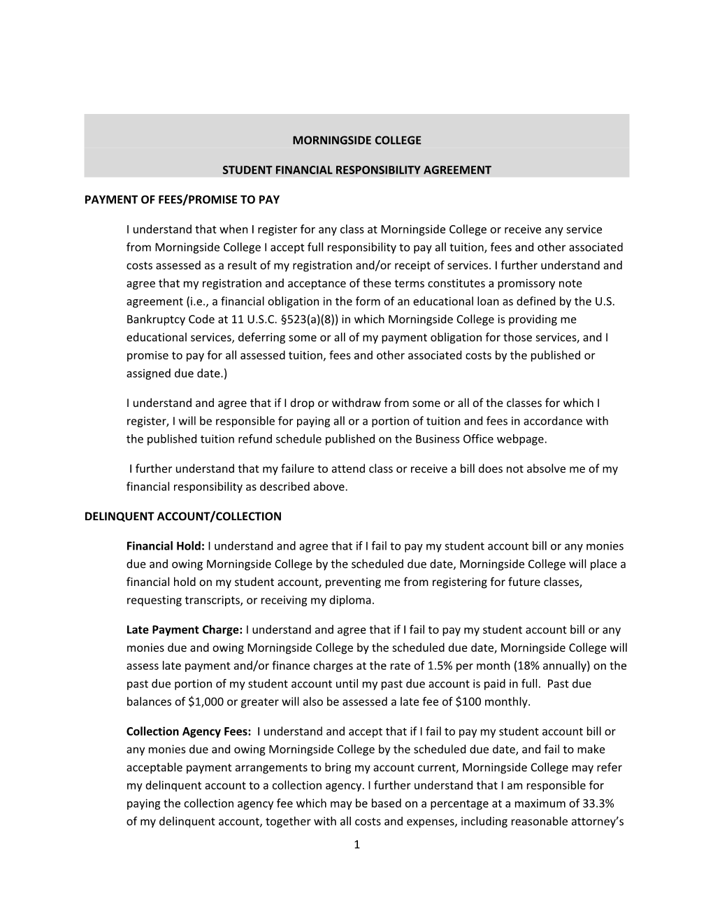 Student Financial Responsibility Agreement