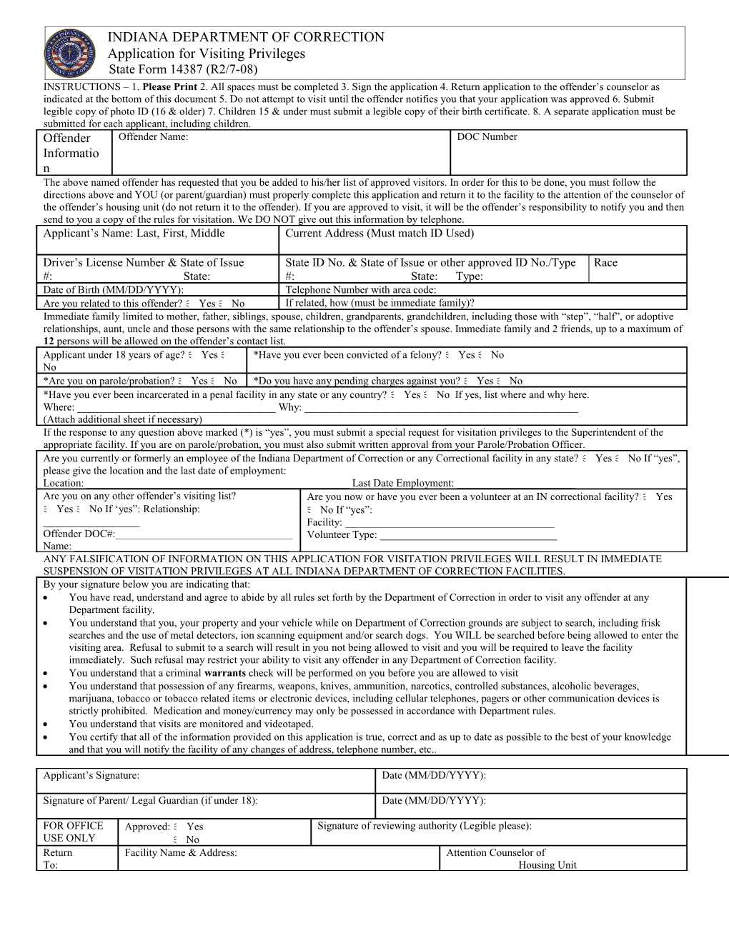 INDIANA DEPARTMENT of CORRECTION - Application for Visiting Privileges