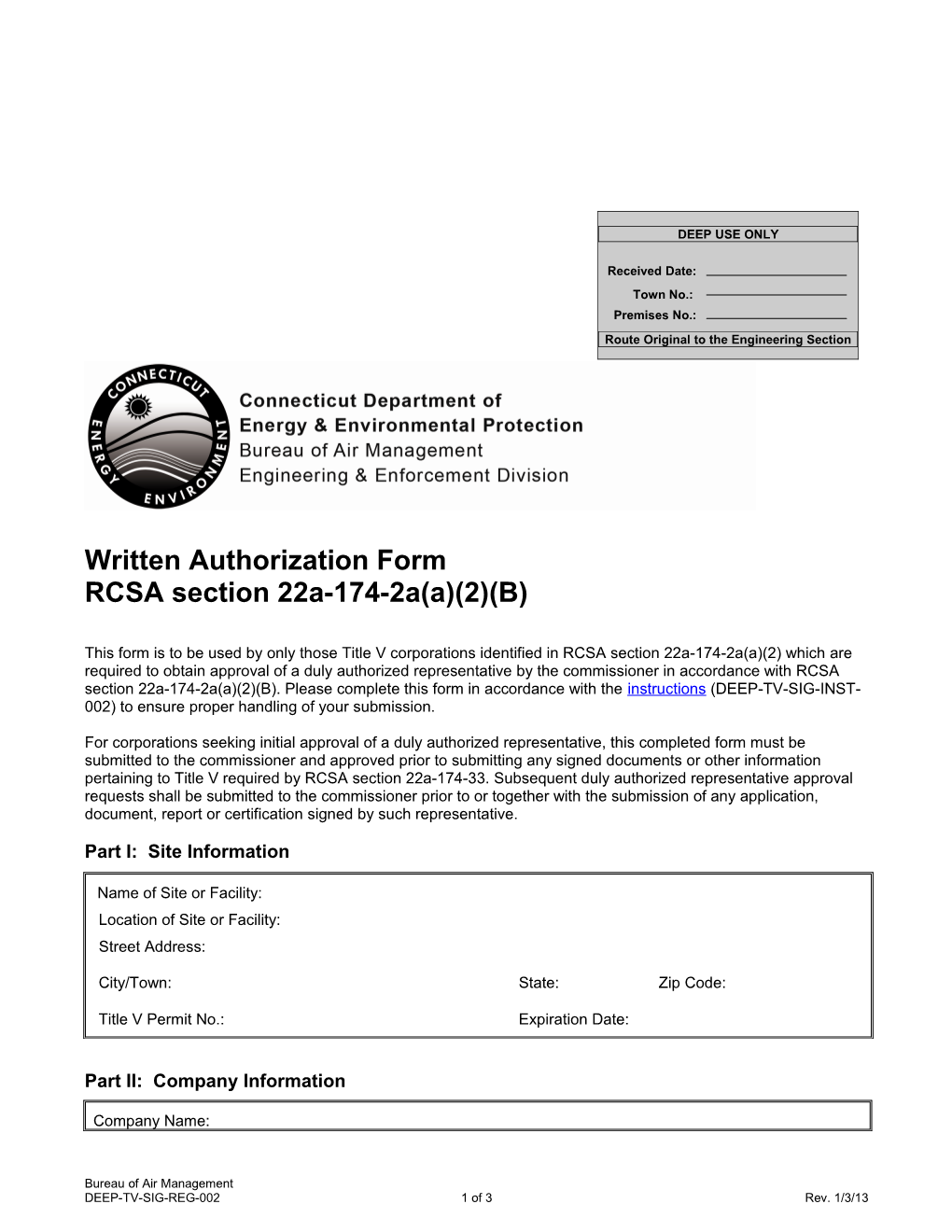 Written Authorization Form RCSA Section 22A-174-2A(A)(2)(B)