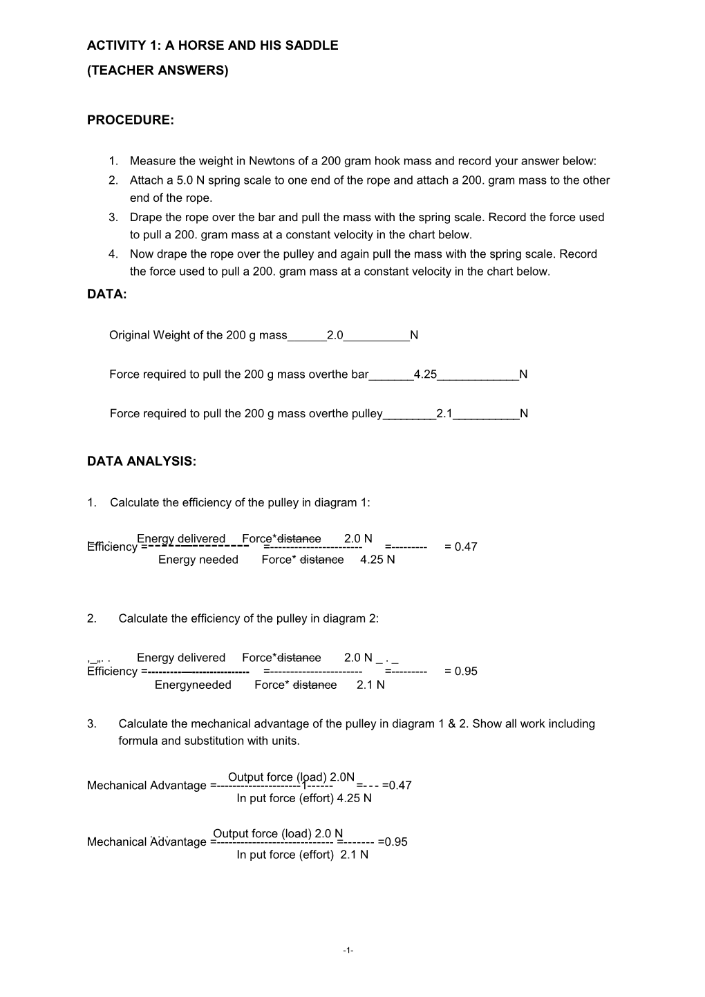 Activity 1: a Horse and His Saddle (Teacher Answers)