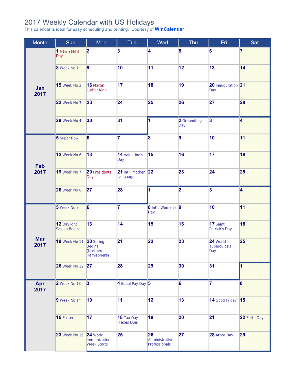 2017 Weekly Calendar with Holidays from Wincalendar.Com