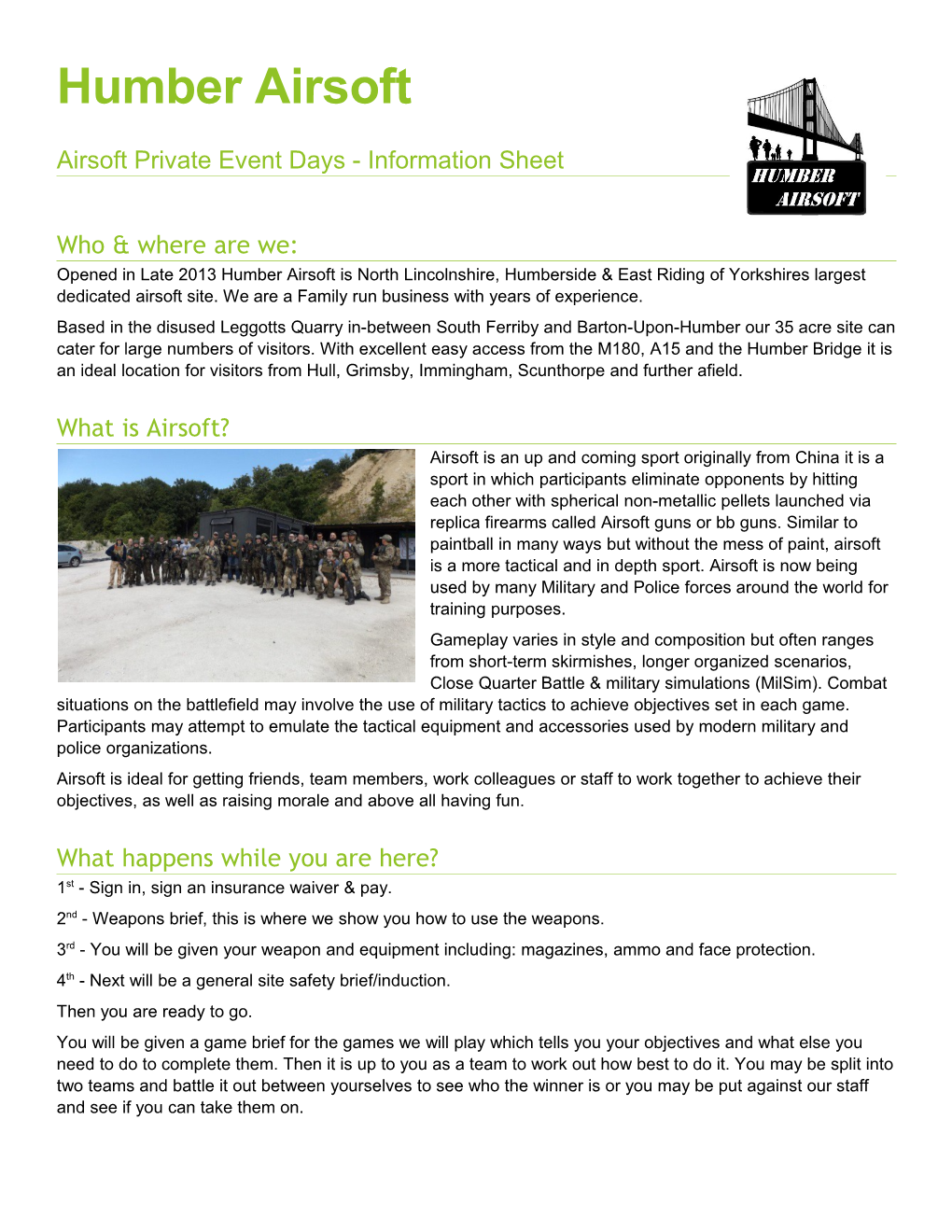 Airsoft Private Event Days - Information Sheet
