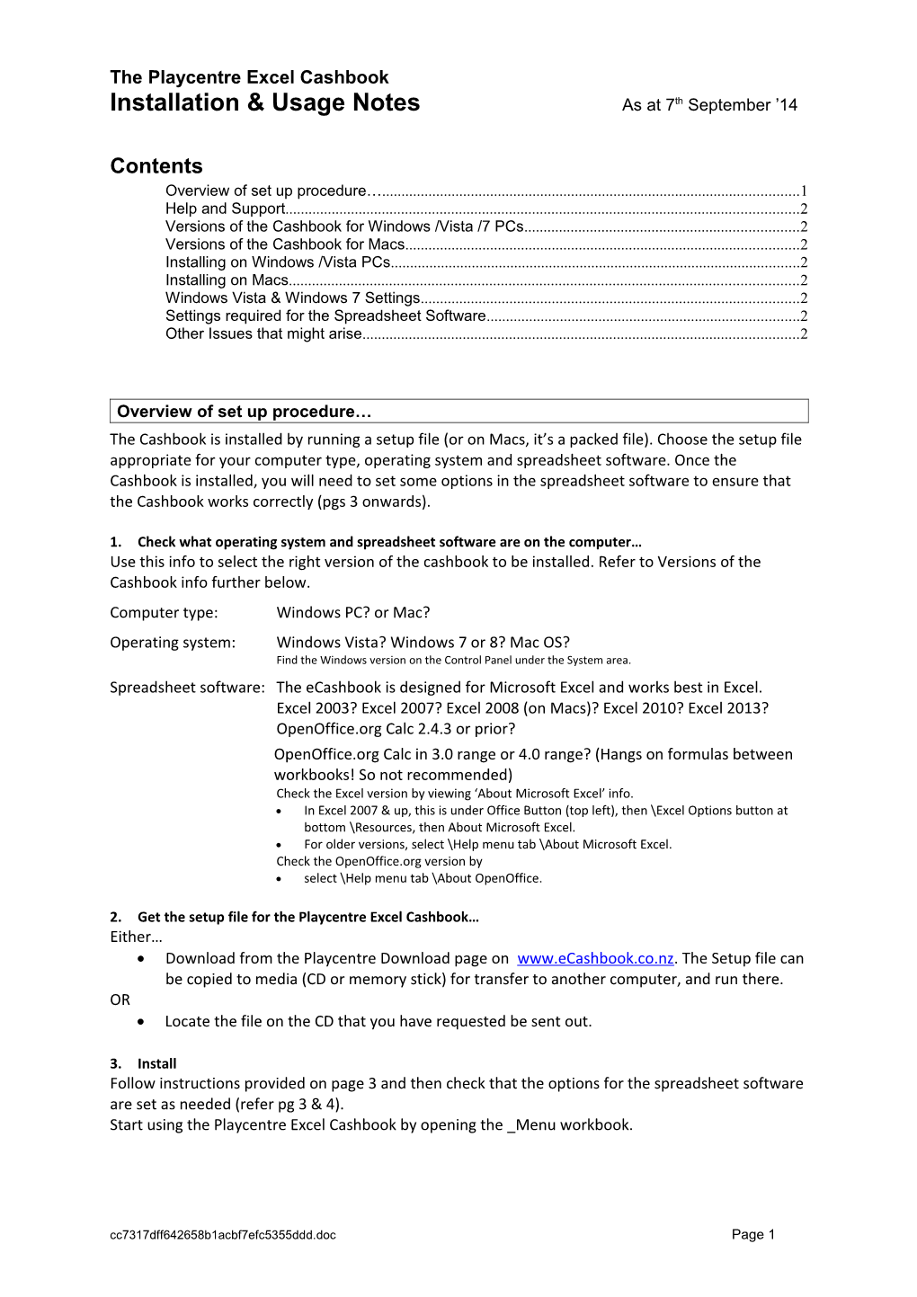 The Playcentre Excel Cashbook