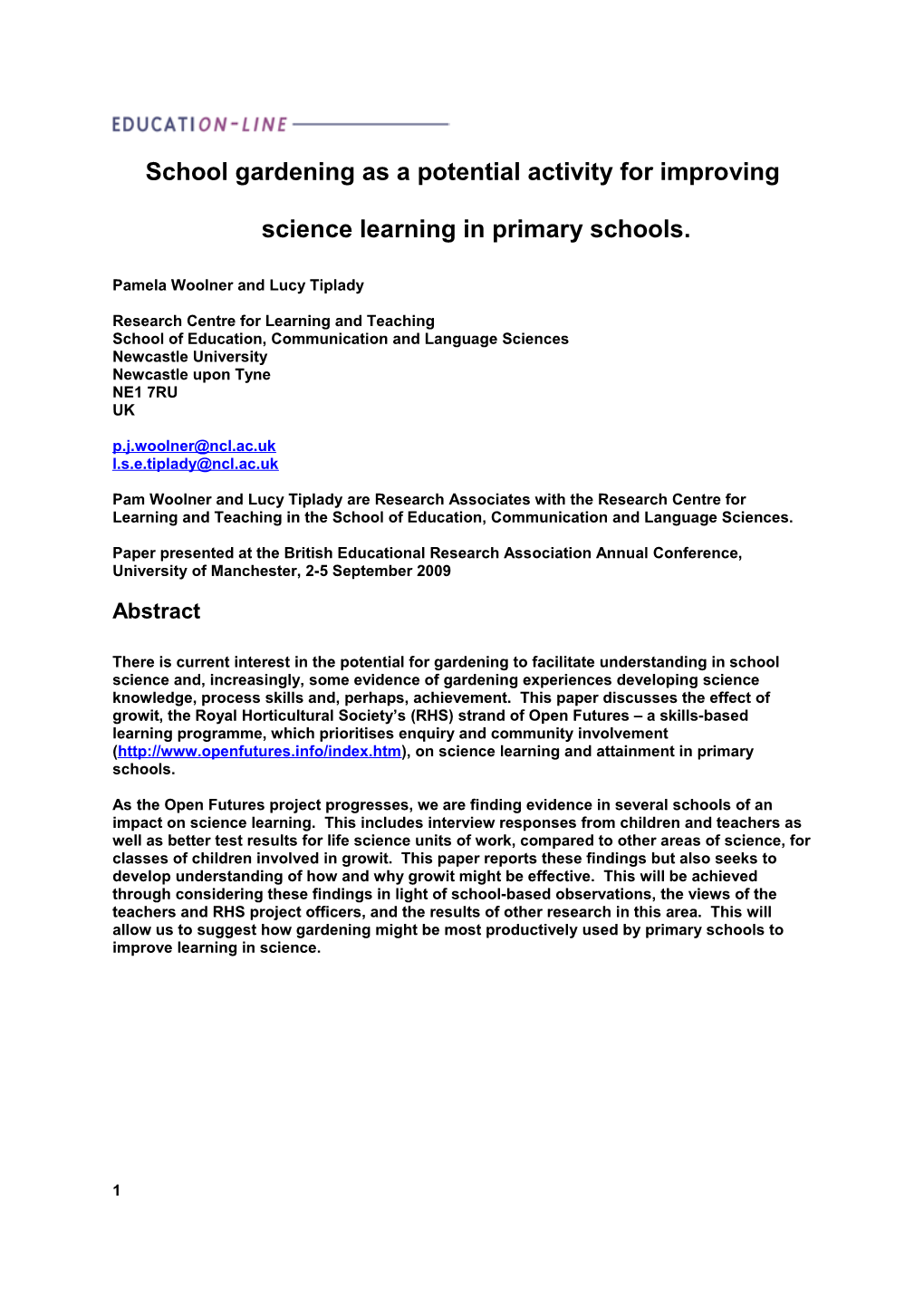 School Gardening As a Potential Activity for Improving Science Learning in Primary Schools