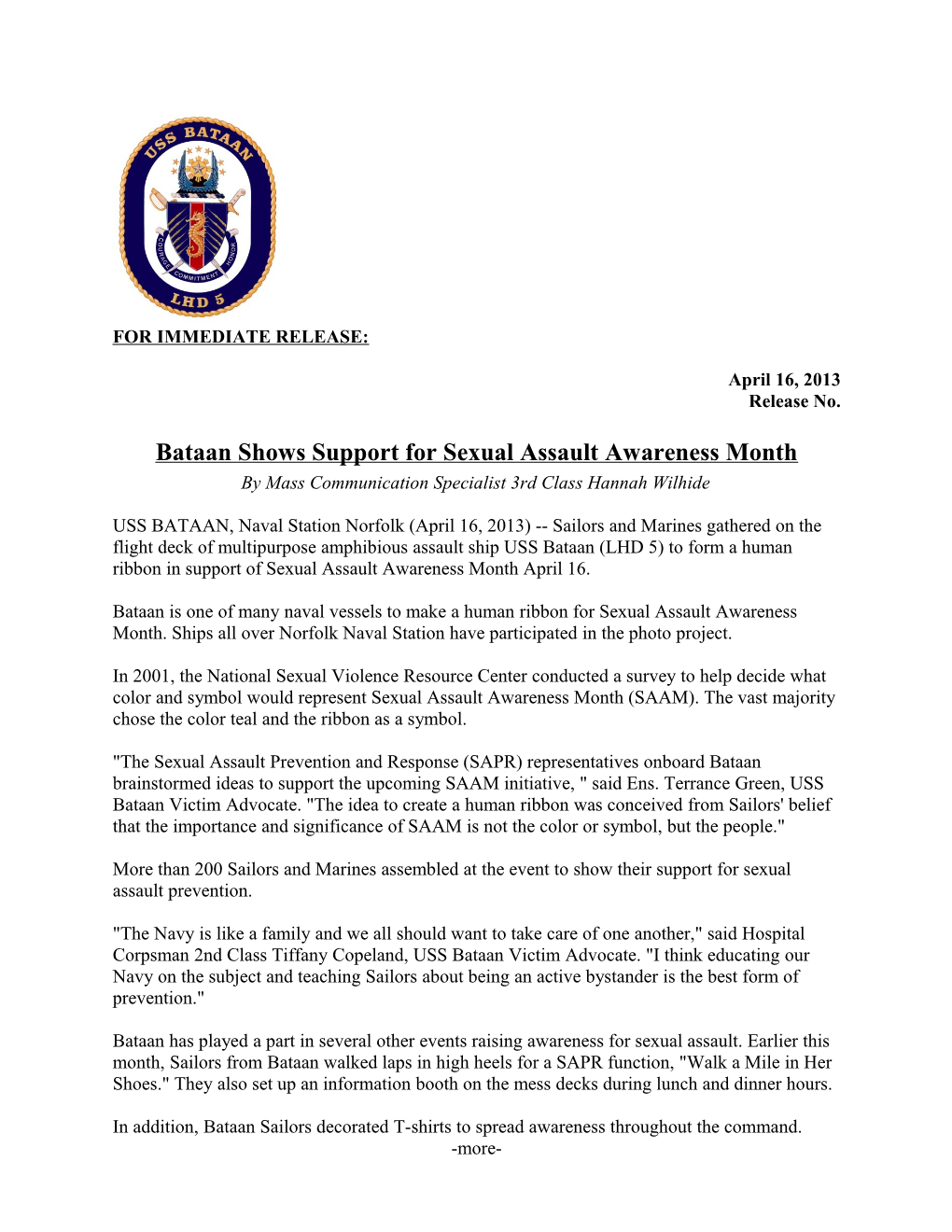 Bataan Shows Support for Sexual Assault Awareness Month