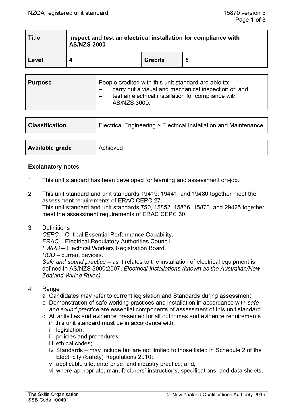 15870 Inspect and Test an Electrical Installation for Compliance with AS/NZS 3000