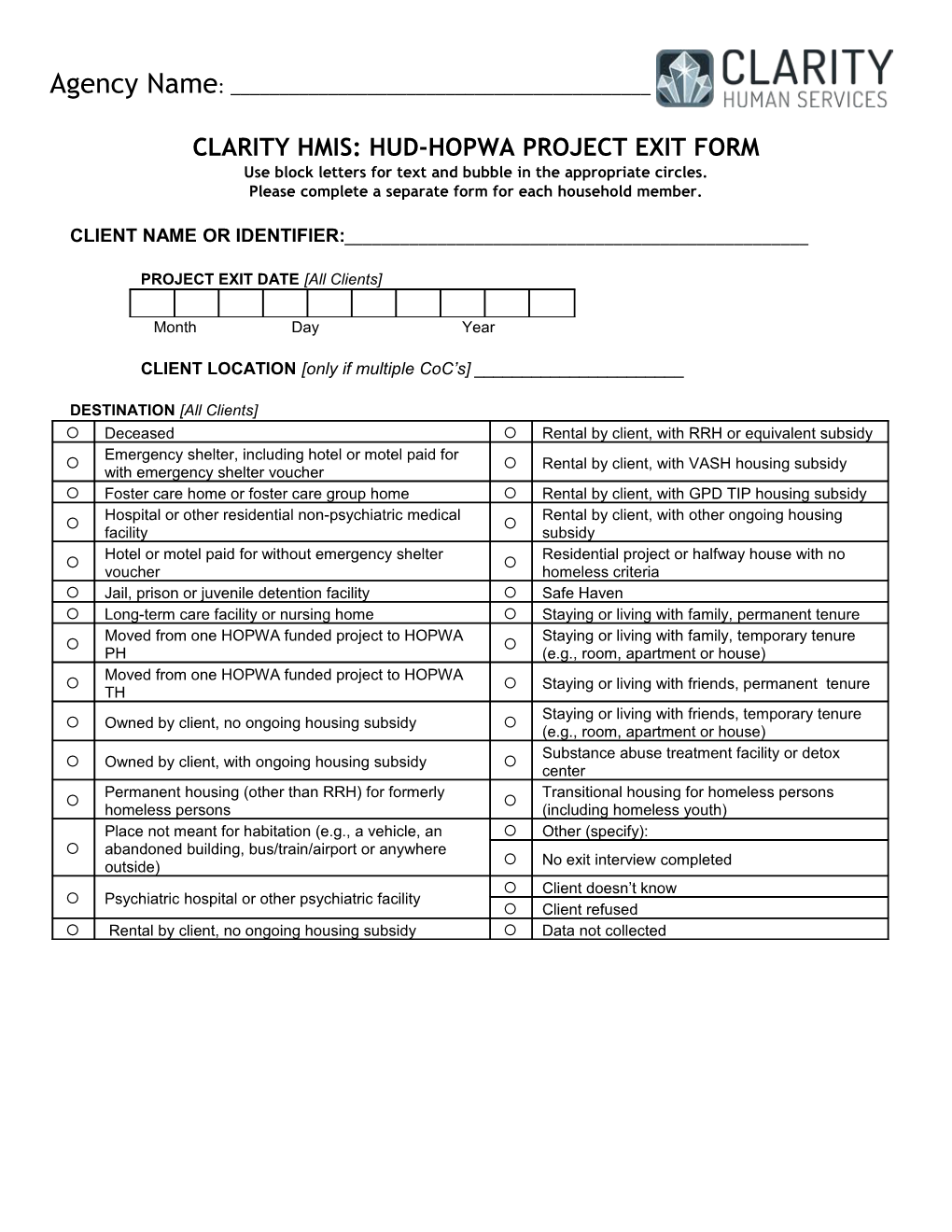 Clarity Hmis: Hud-Hopwa Project Exit Form