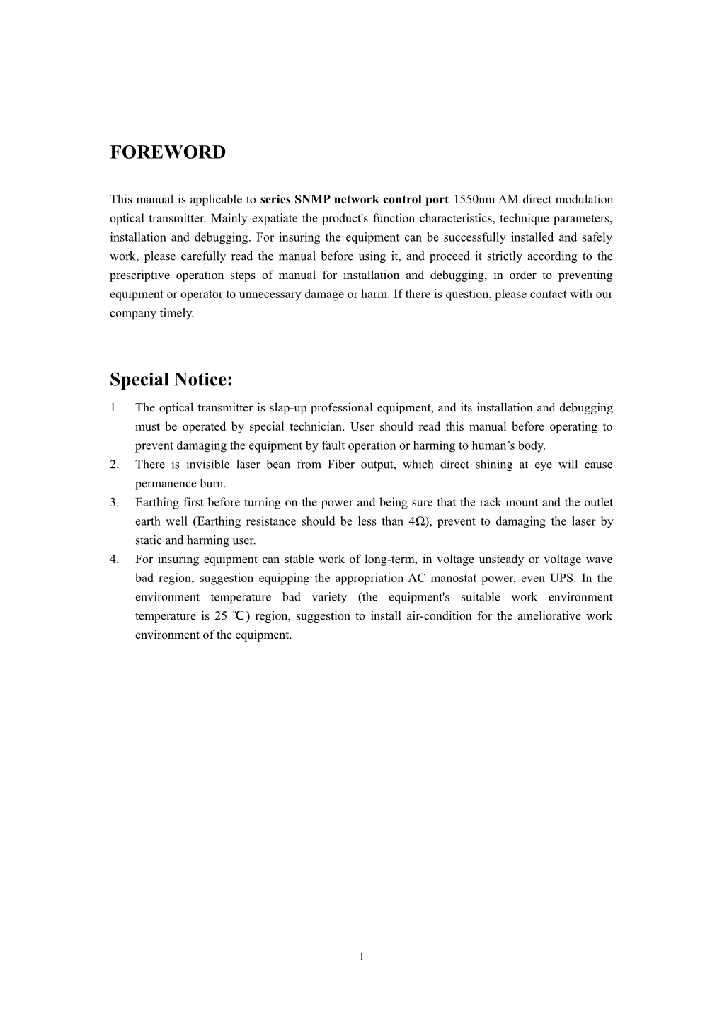 This Manual Is Applicable to Series SNMP Network Control Port 1550Nm Amdirect Modulation