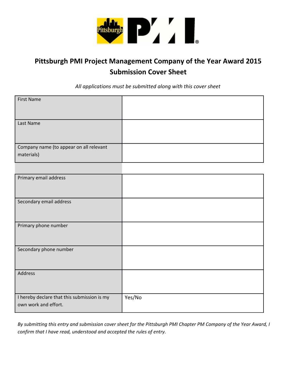 Pittsburgh PMI Project Management Company of the Year Award 2015 Submission Cover Sheet