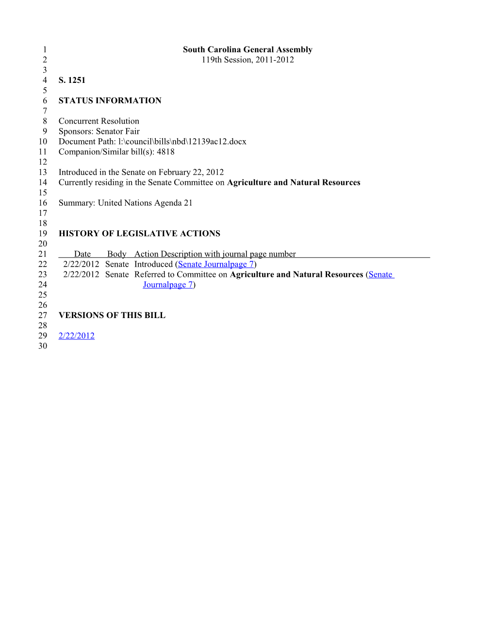 2011-2012 Bill 1251: United Nations Agenda 21 - South Carolina Legislature Online