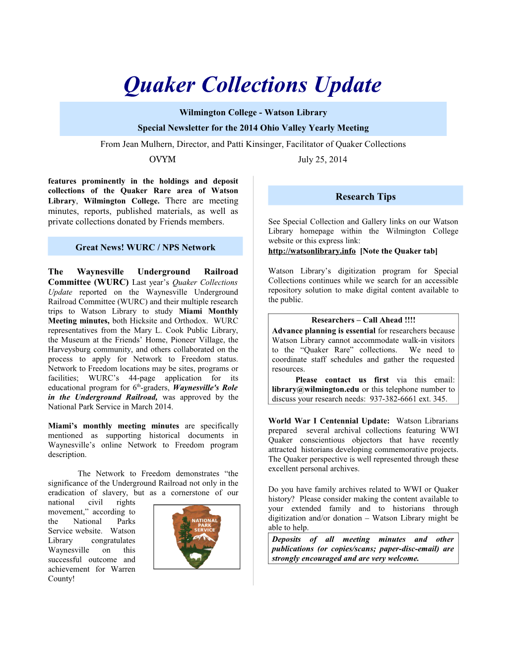 Quaker Collections Update
